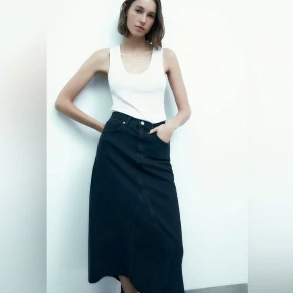 Zara Dresses & Skirts - NEW ZARA High-Rise Five-Pocket Denim Midi Fishtail Skirt Dark Navy Small